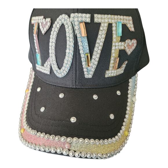 LOVE Baseball Cap with Rhinestone Embellishments Adjustable Strap Back Black - Picture 3 of 6